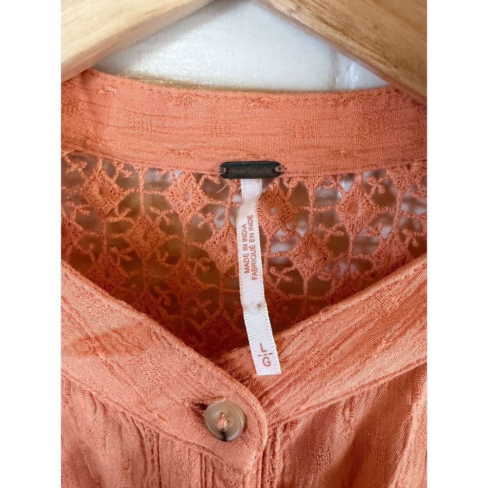 Free People Lace Inset Blouse Women Large Orange Long Sleeve Button Down Boho - Picture 6 of 12